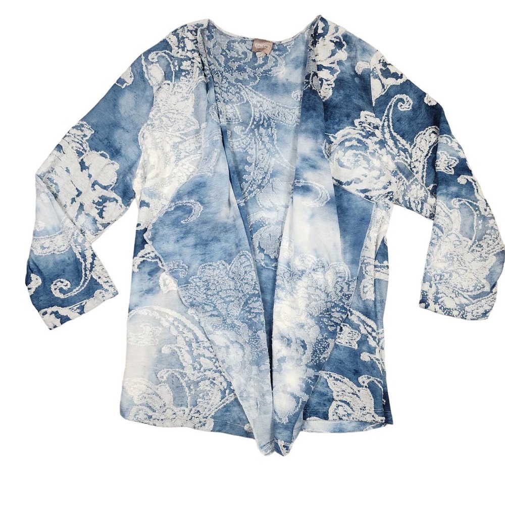 Chicos‎ Blue White Tie Dye Boho Floral Paisley Burnout 3/4 Sleeve Cardigan Sz M